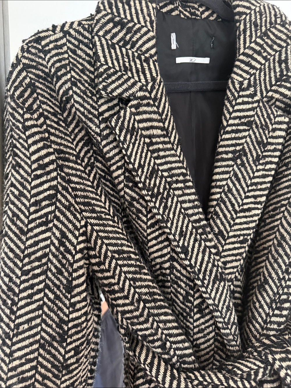 Mango Black & Cream Herringbone Long Belted Robe Coat anine bing wool - Picture 2 of 3